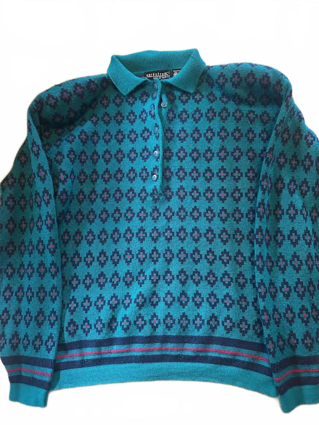 Vintage Nordstrom Teal Geometric Knit Polo Sweater S