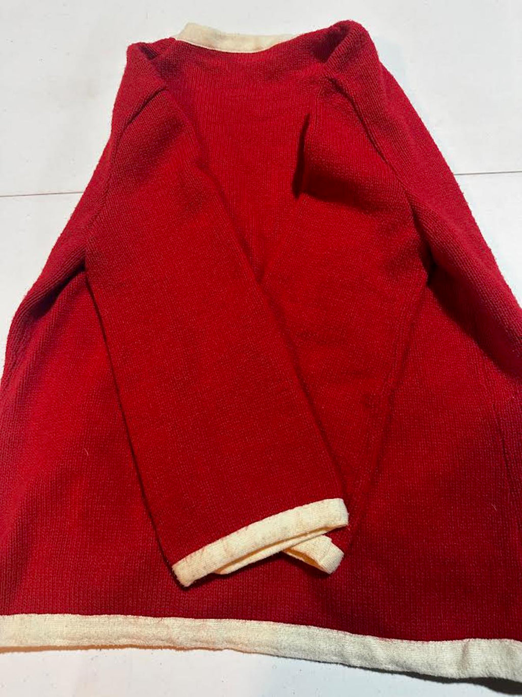 1950s Red Knit Cardigan Jacket w Ivory Trim Pockets