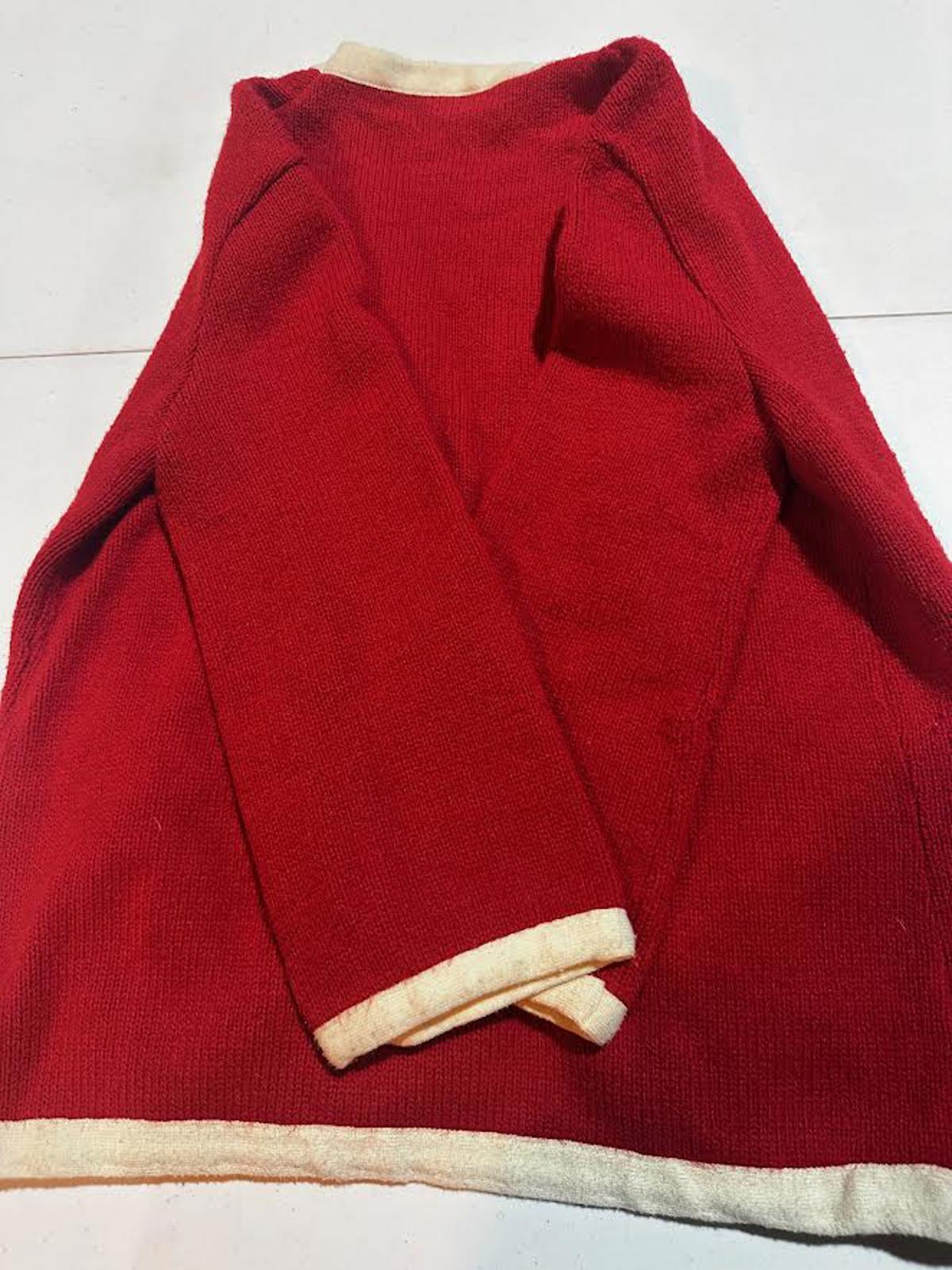 1950s Red Knit Cardigan Jacket w Ivory Trim Pockets