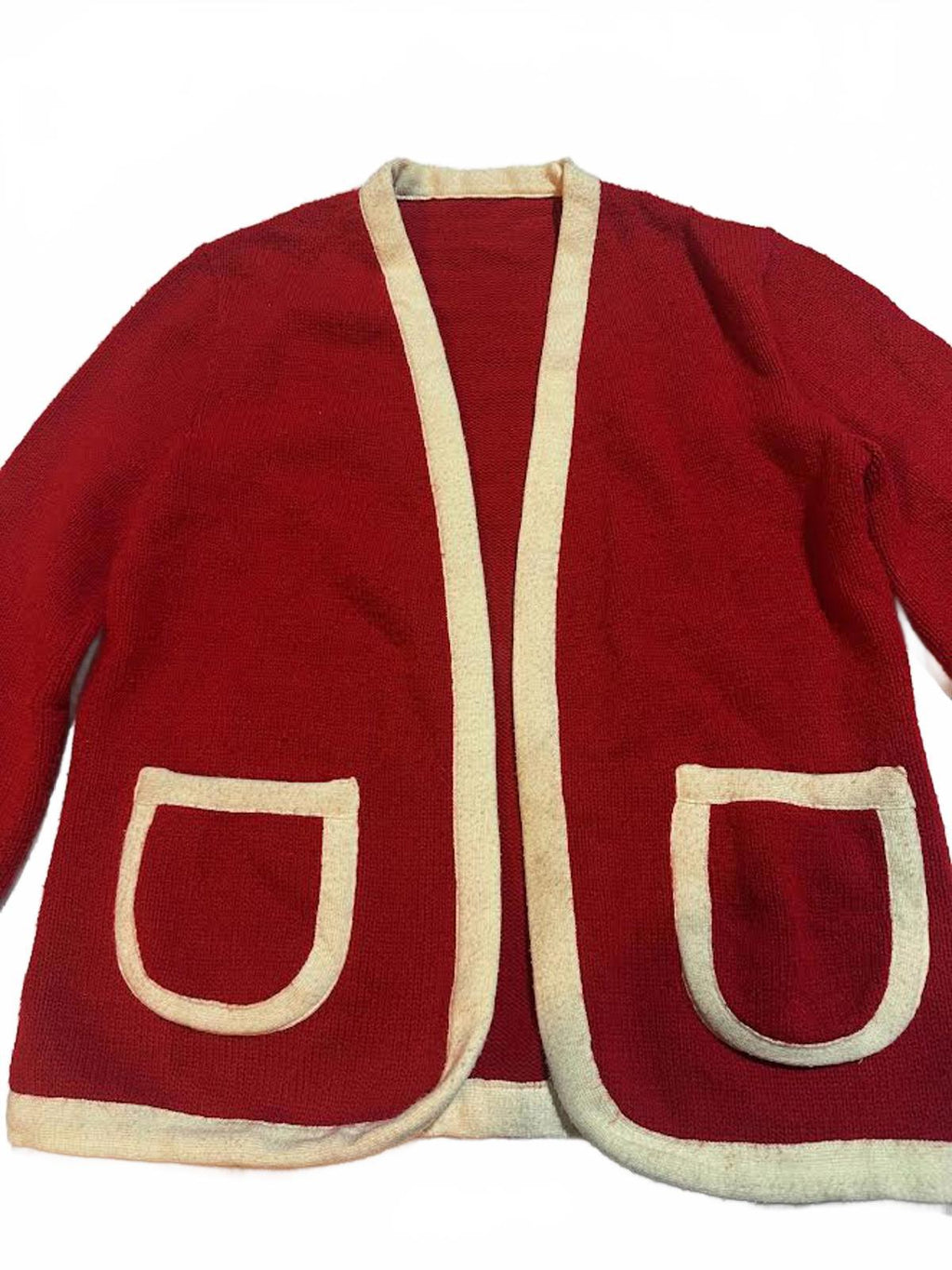 1950s Red Knit Cardigan Jacket w Ivory Trim Pockets