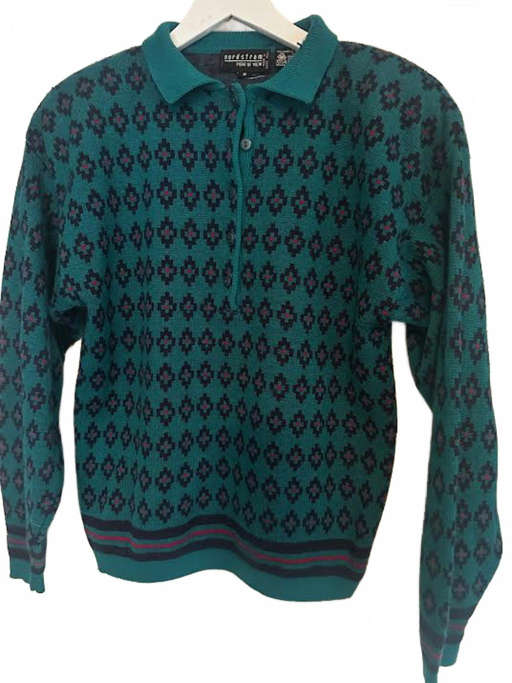 Vintage Nordstrom Teal Geometric Knit Polo Sweater S