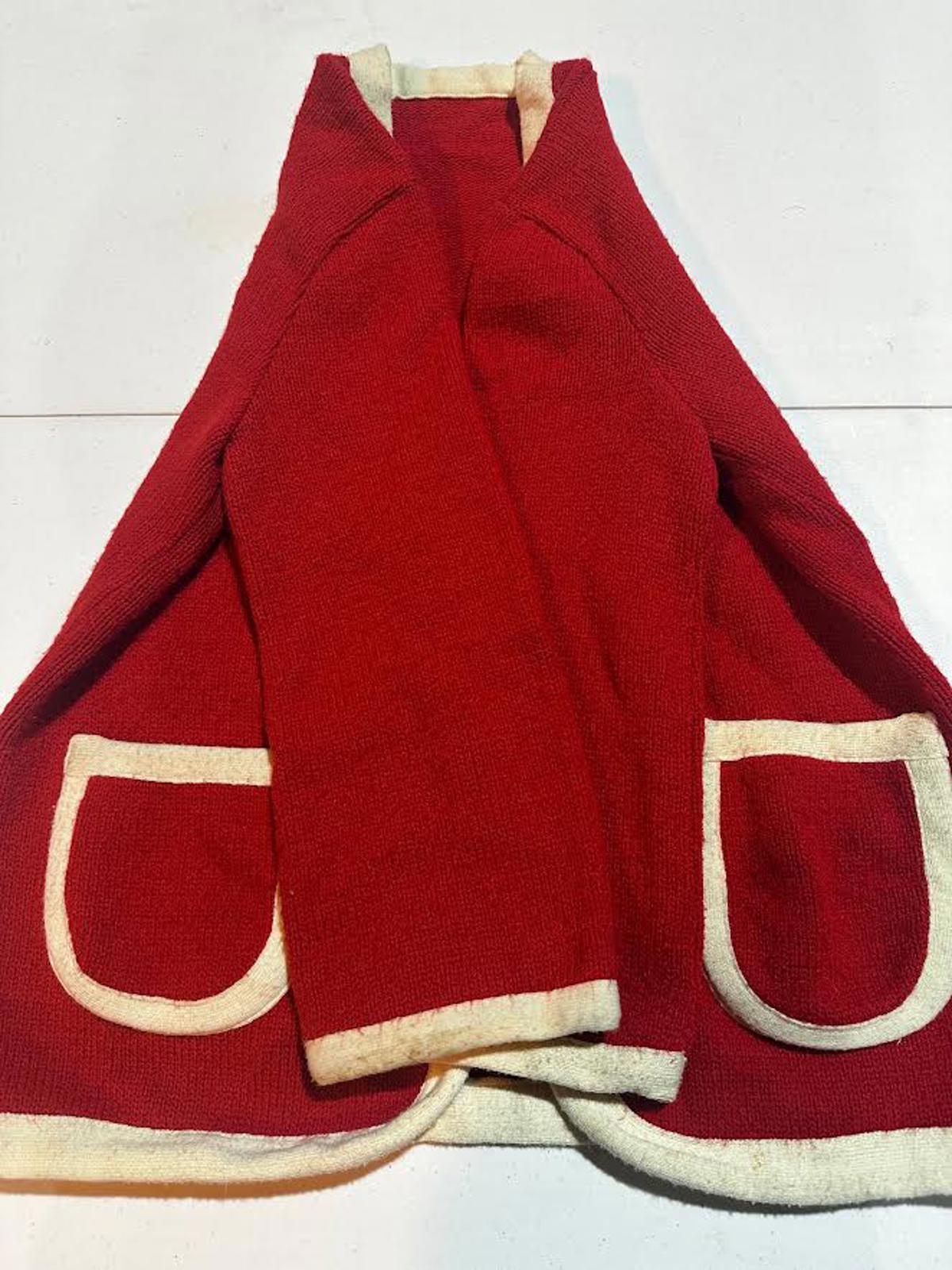 1950s Red Knit Cardigan Jacket w Ivory Trim Pockets