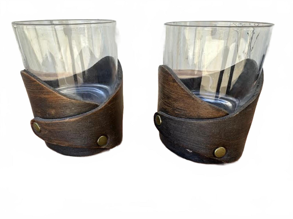 Set of 2 Smoked Glass Tumblers w Leather Holders