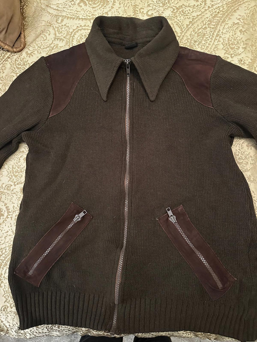 Brown Knit Zip Jacket w/ Suede Accents • Marek Aglificio