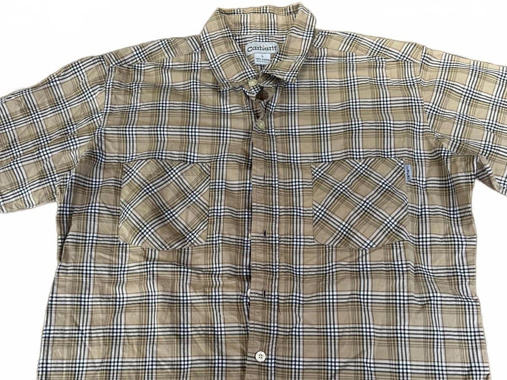 Carhartt Men’s Plaid Button Front Shirt Size L Regular Tan Brown Cotton Workwear