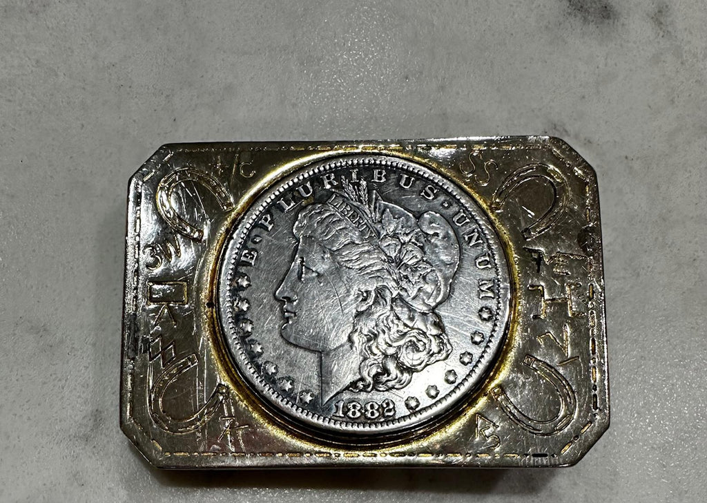 Vintage 1882 Morgan Silver Dollar Buckle Western Horseshoe Lucky Star Design