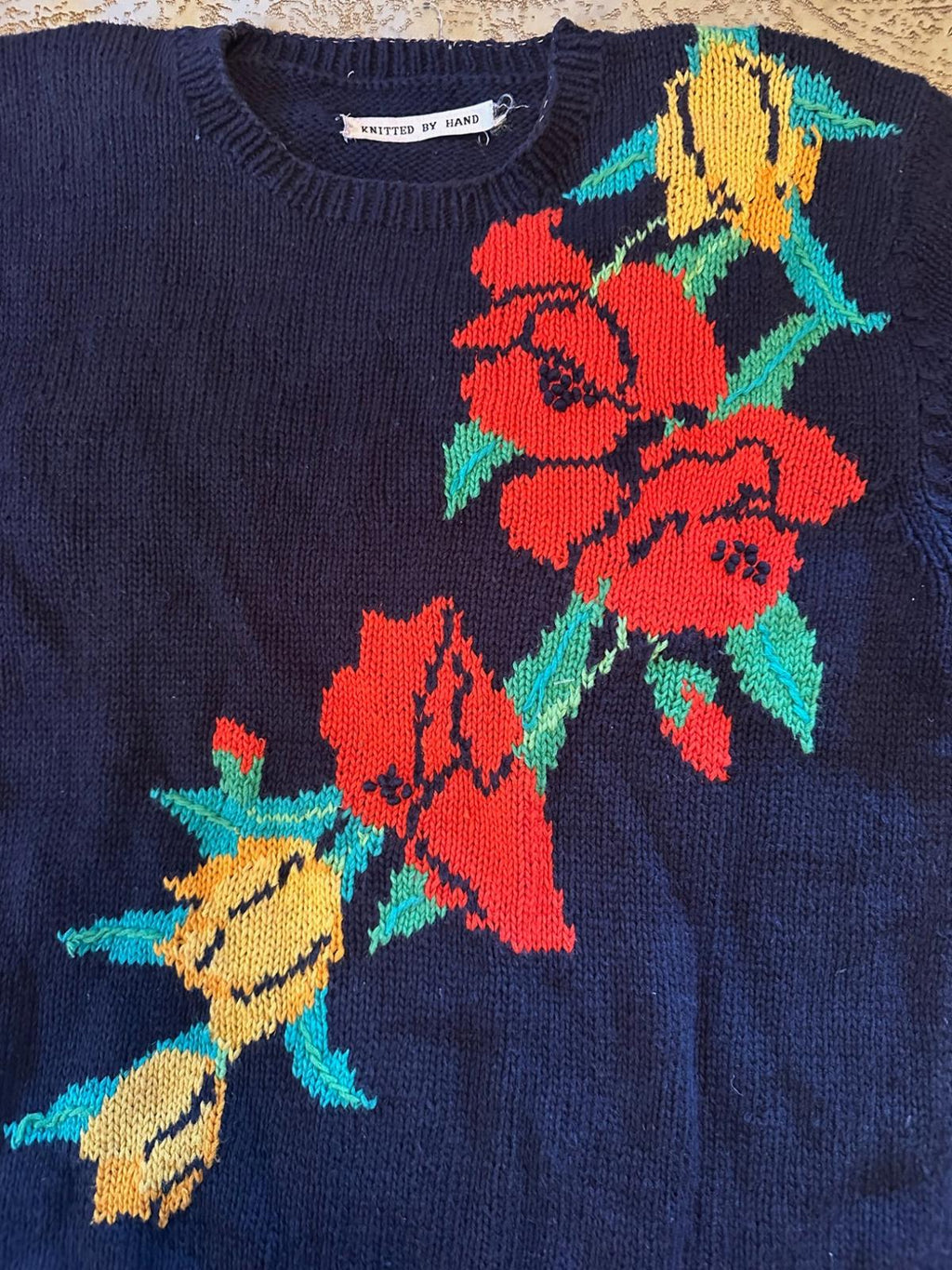 Hand-Knit Floral Cotton Sweater Black Red Yellow XL
