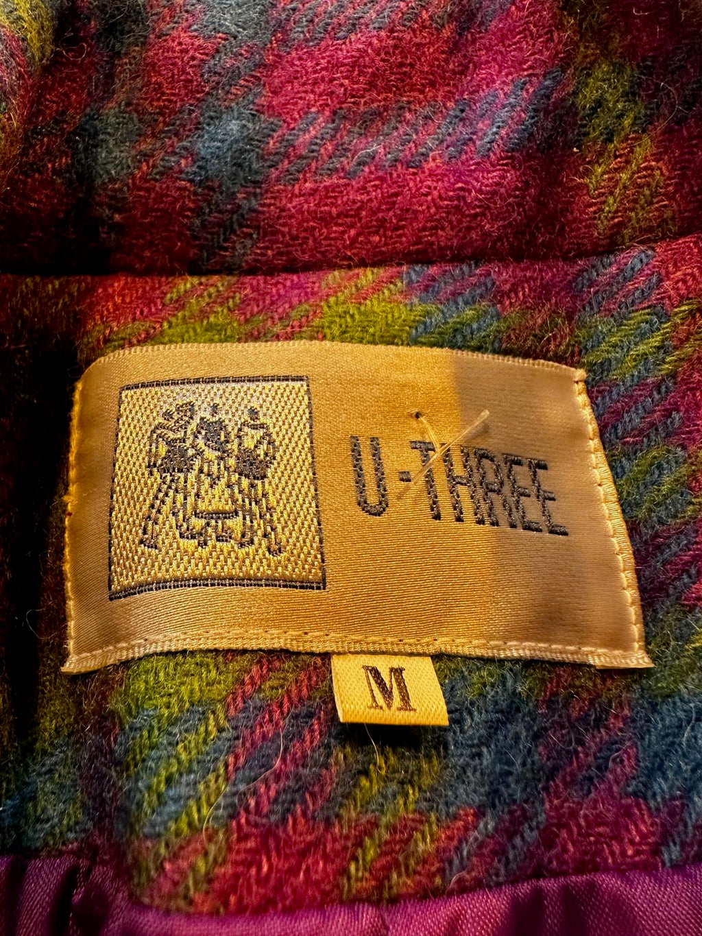 Vintage 80s U-Three Double-Breasted Wool Coat Pink Plaid Green Trim Jacket M
