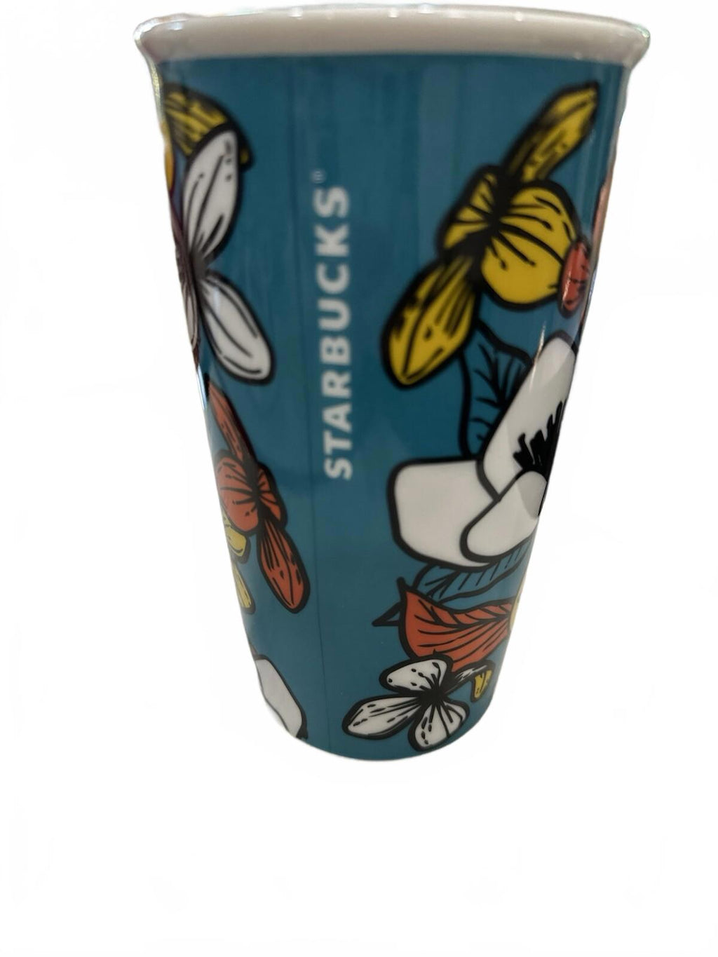 Starbucks Teal Poppy Flowers Travel Coffee Mug Tumbler with Lid 12 Fl Oz Ceramic