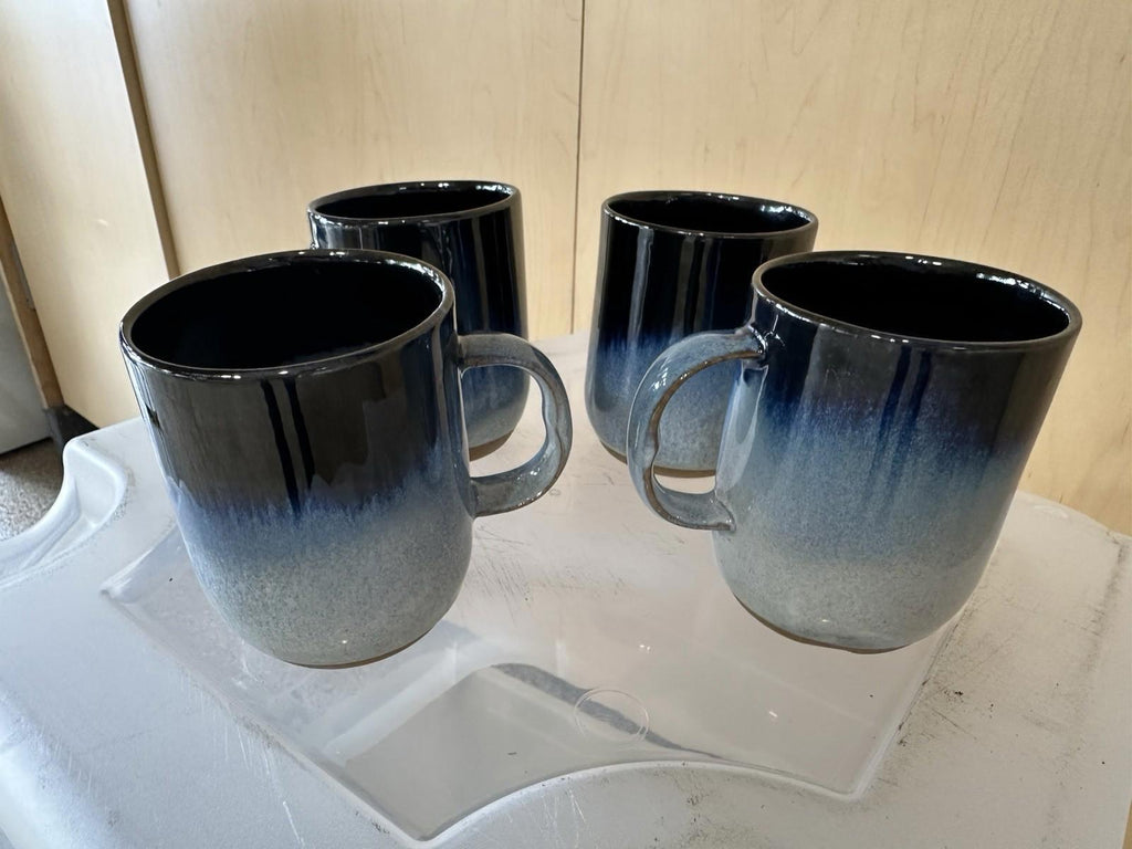 Lot (4) Hand Thrown Pottery  Mugs Cups Glazed Black  Blue Tones
