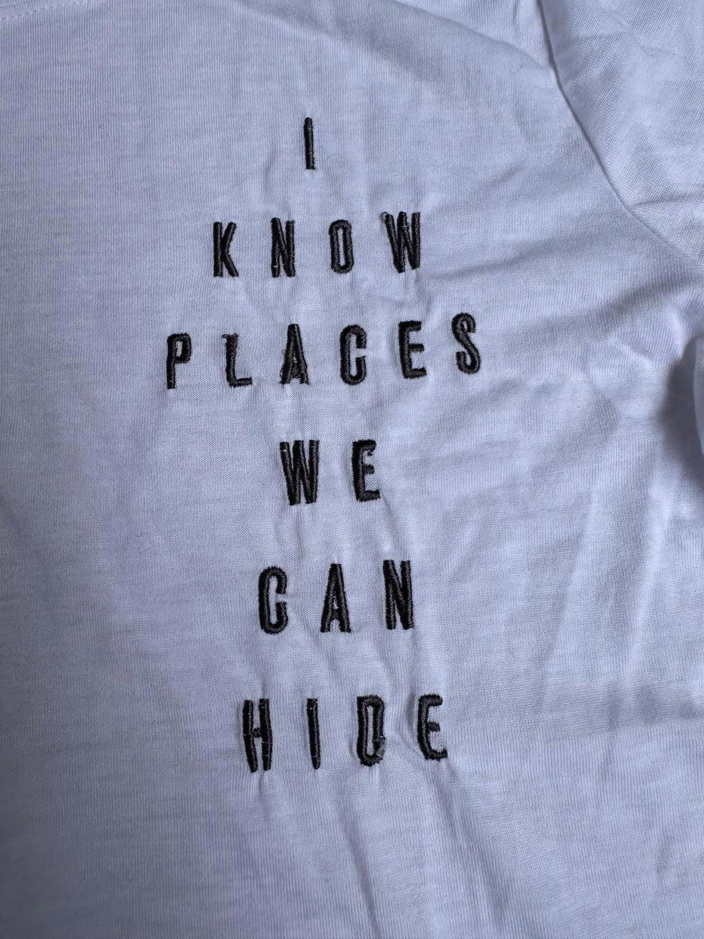 Taylor Swift 1989 “I Know Places We Can Hide” Embroidered Lyric Tee  Curved Hem