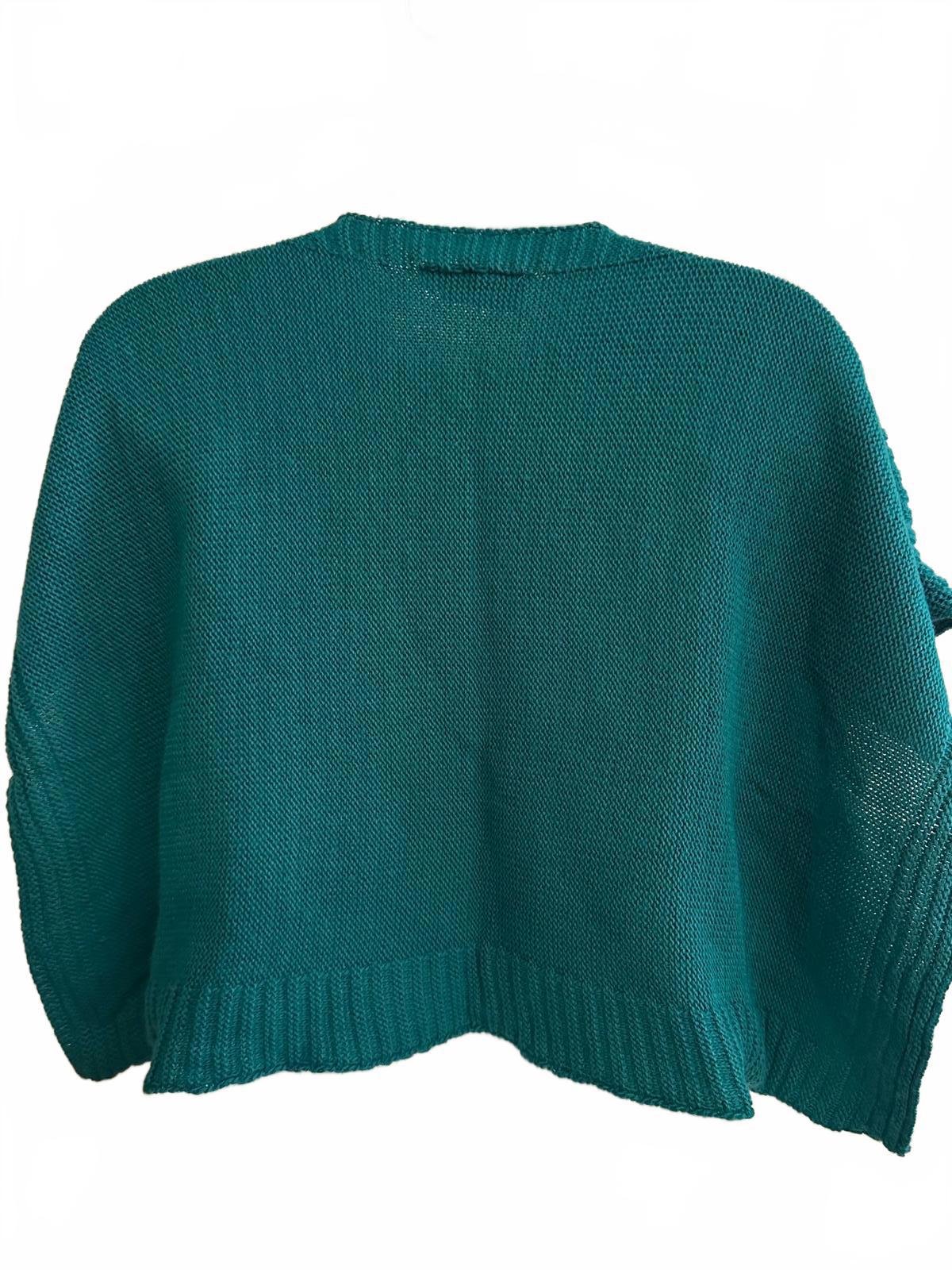 Teal Cable Knit Poncho Sweater Boho Oversized