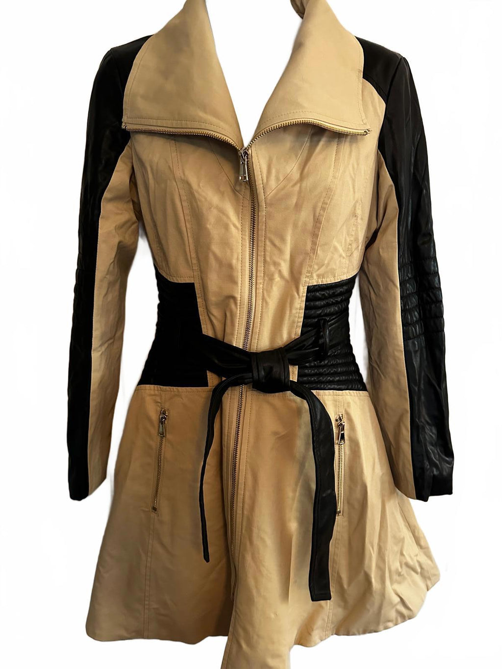 bebe XS tan moto trench coat faux leather belt zip