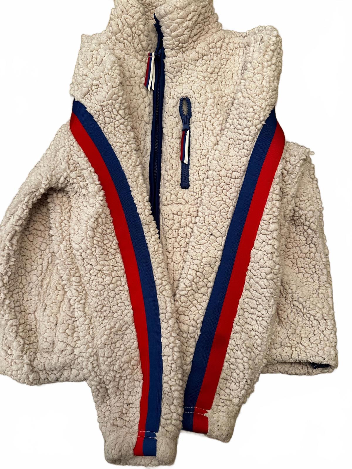 Garage Sherpa Fleece Zip Jacket Cream Red Blue Stripe M