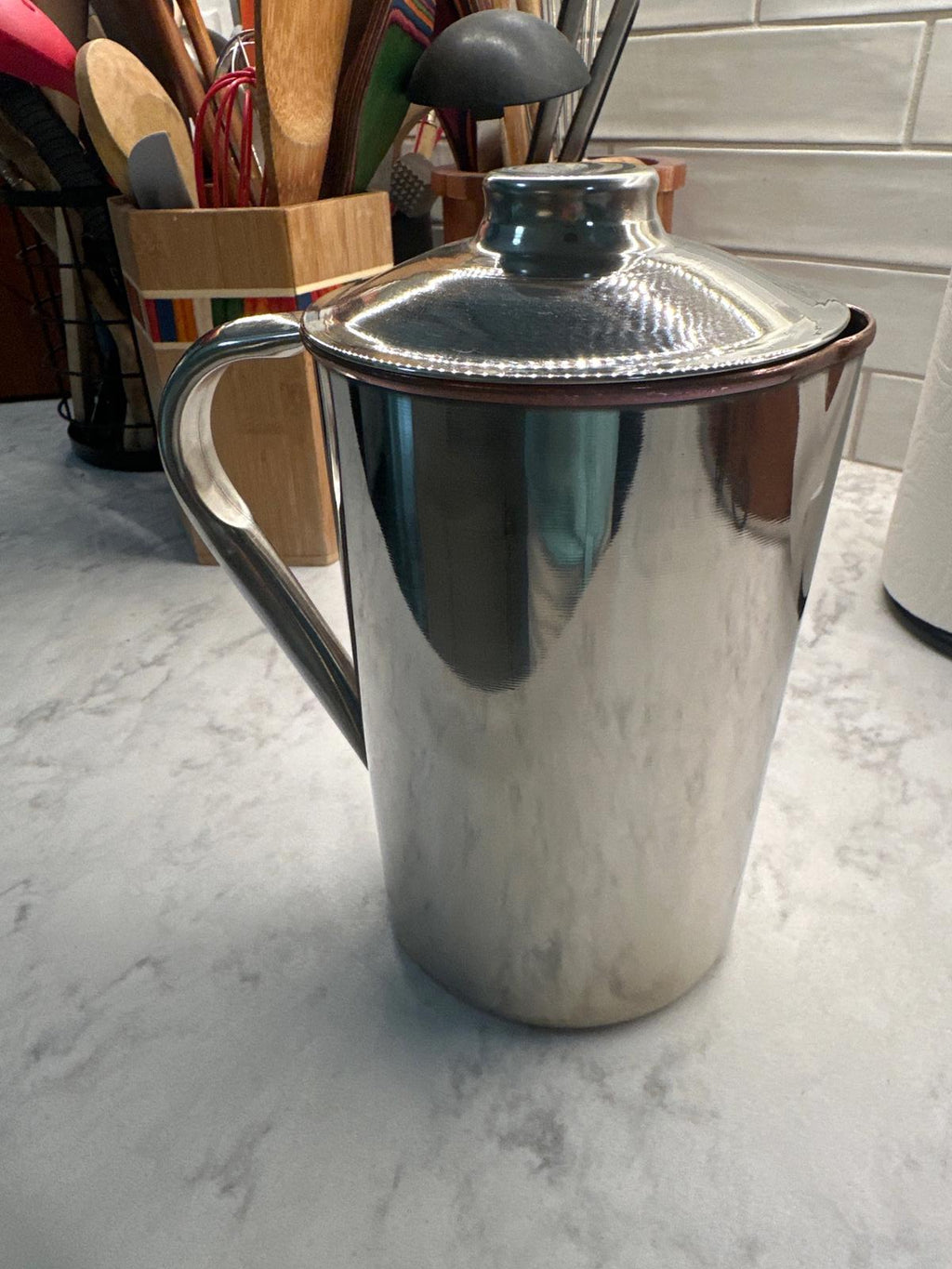 Mid-Century Modern Stainless Steel & Copper Insulated Pitcher with Lid