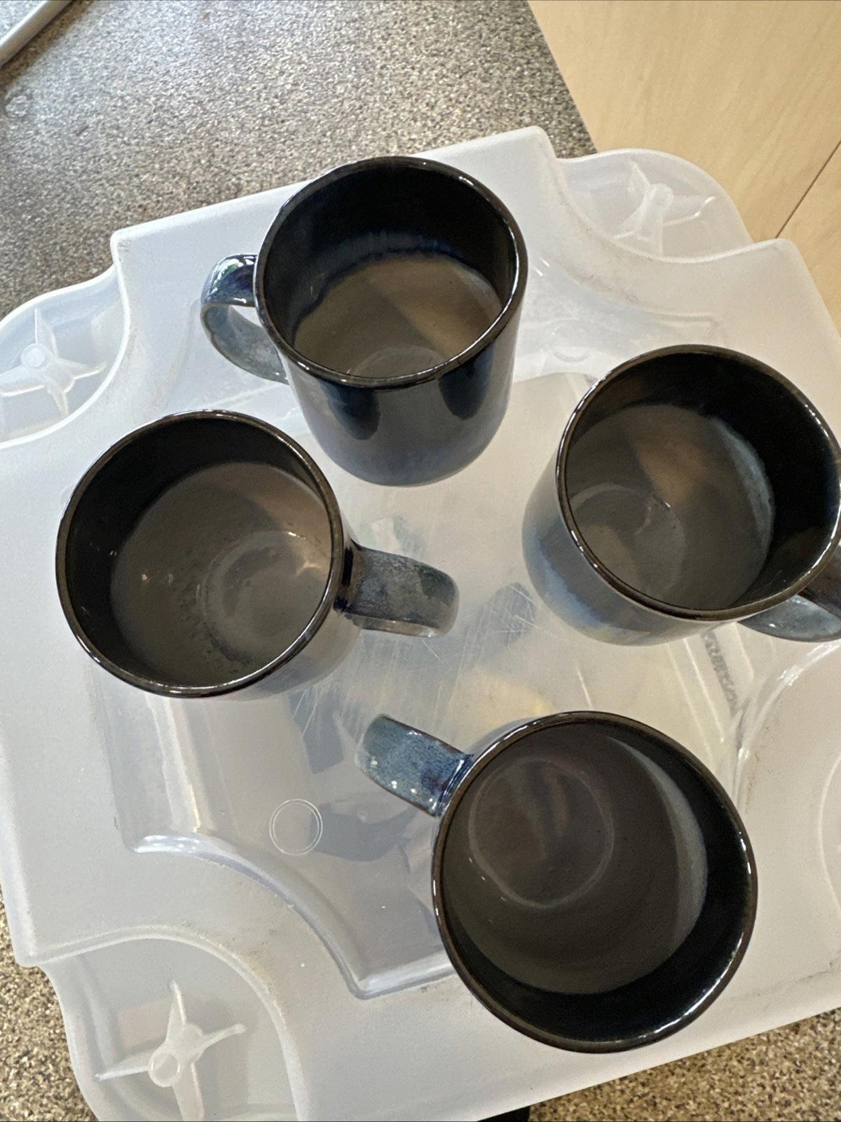Lot (4) Hand Thrown Pottery  Mugs Cups Glazed Black  Blue Tones