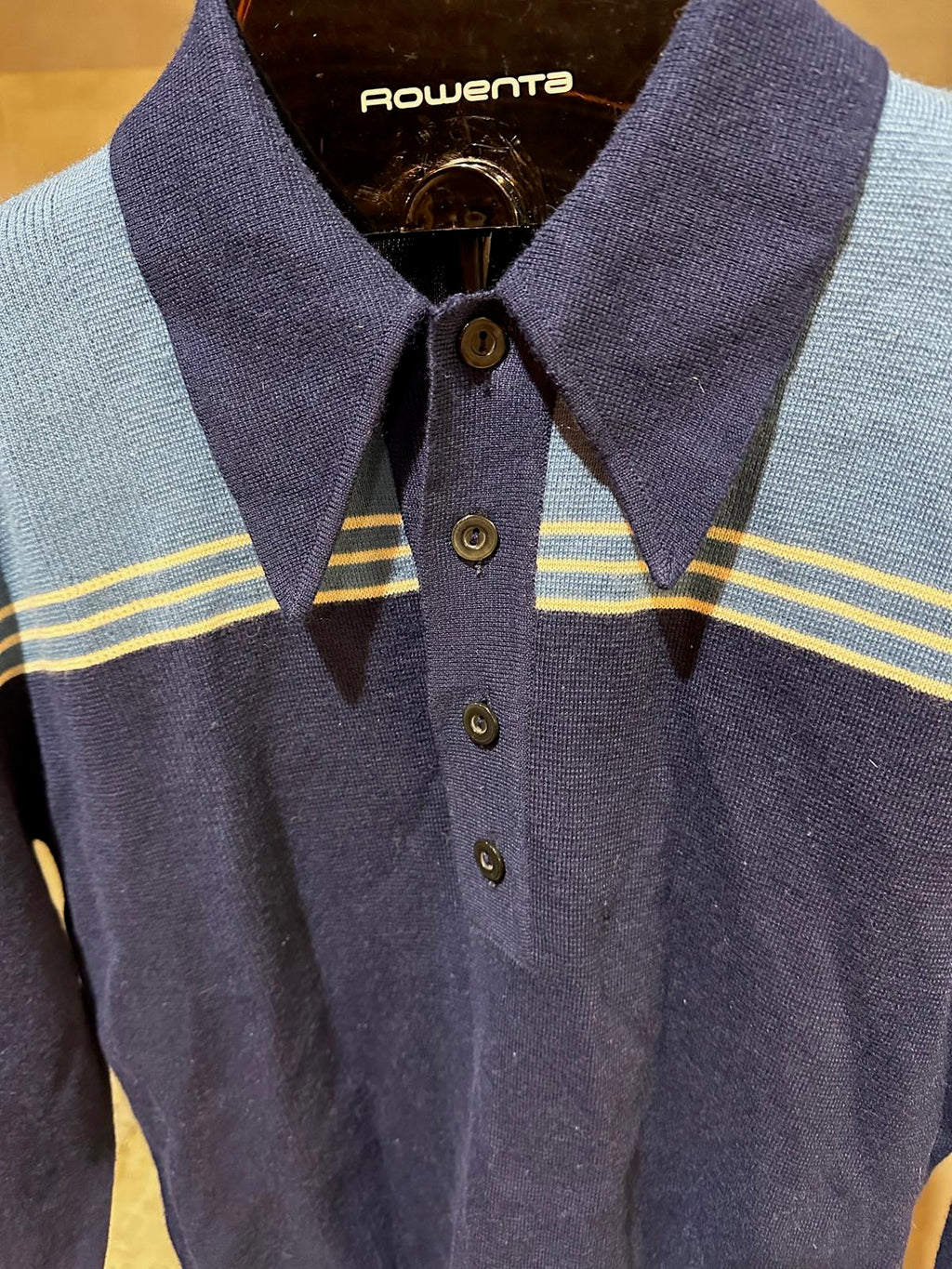Vintage Italian Knit Polo Sweater Navy Stripe L