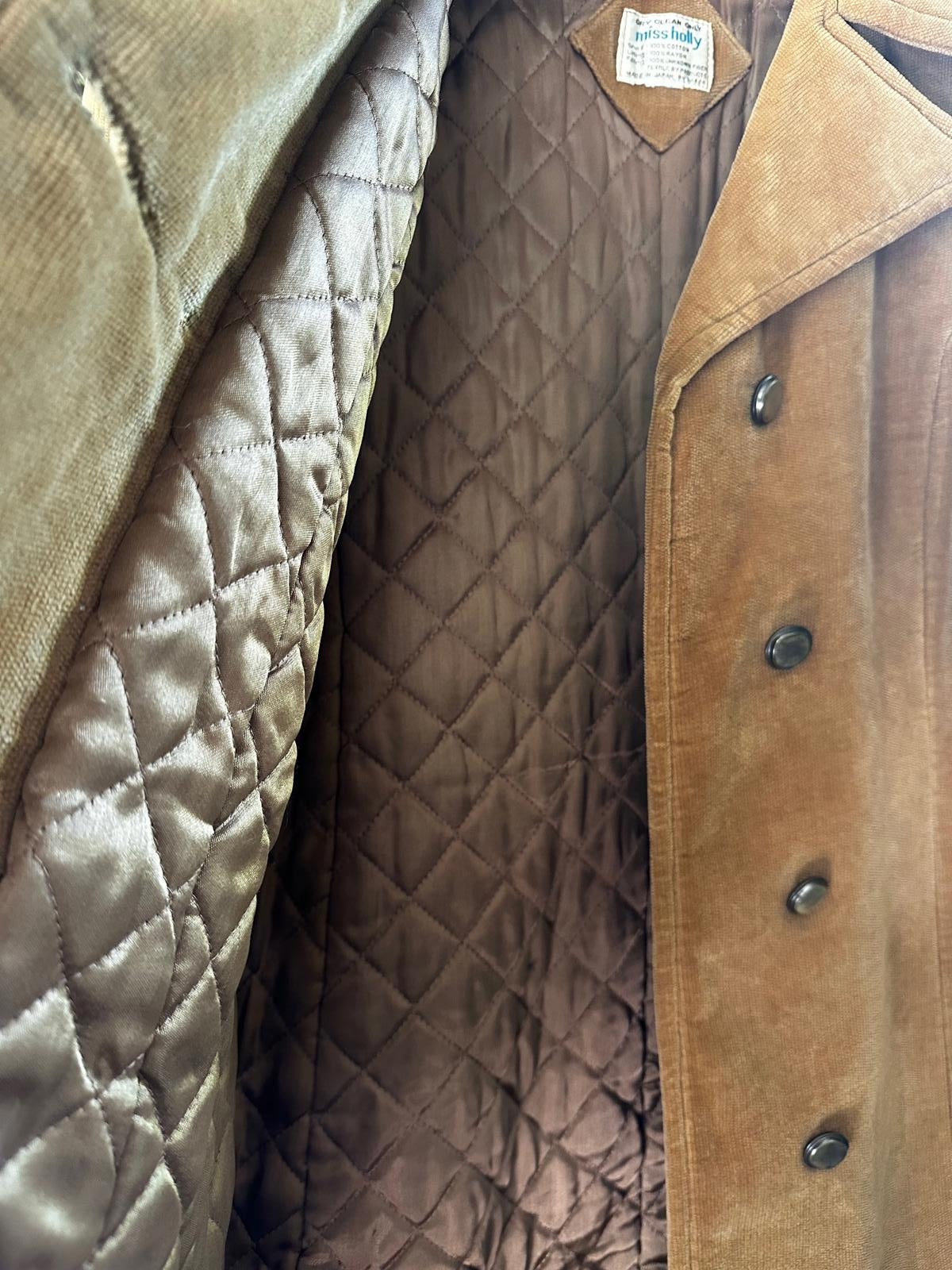 Vintage 1970s Miss Holly Corduroy Coat Made Japan Quilted Lined Double-Breasted