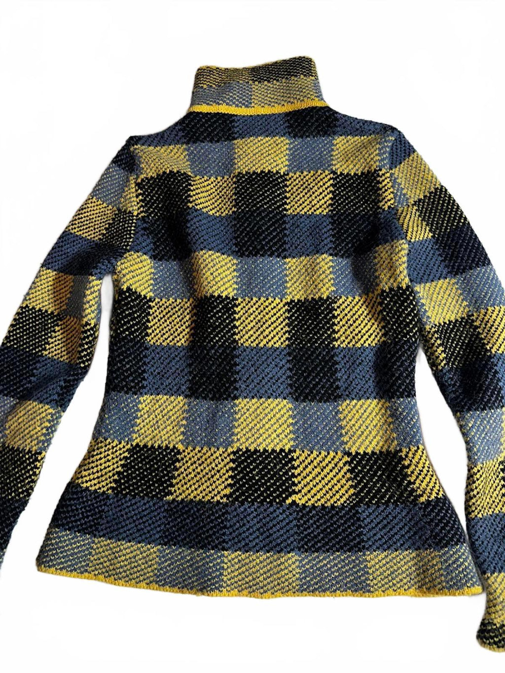Hand Knit Plaid Wool Jacket Yellow Black Women Small