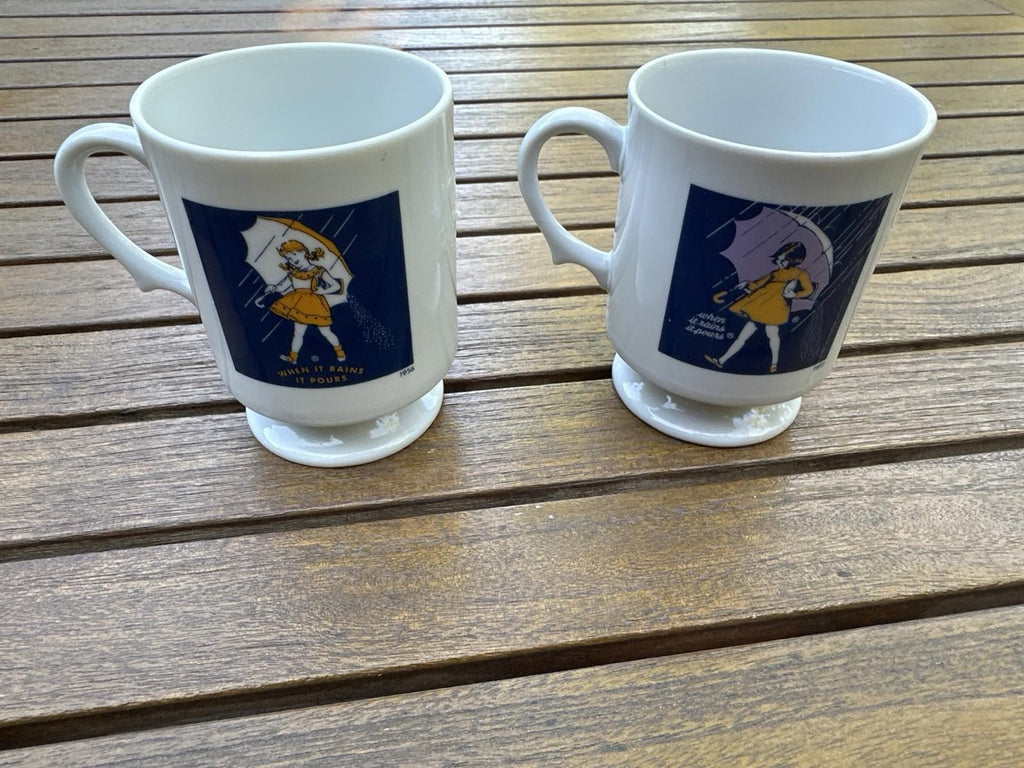 Vintage Morton Salt Coffee Mugs - Set of 2 - 1973 & 1956 - "When It Rains"