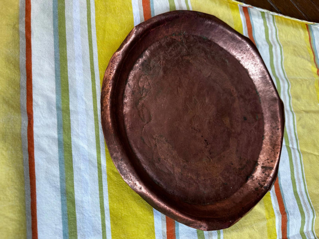 Antique Hand-Hammered Copper Tray with Floral & Vine Design  Early 1900s Rustic