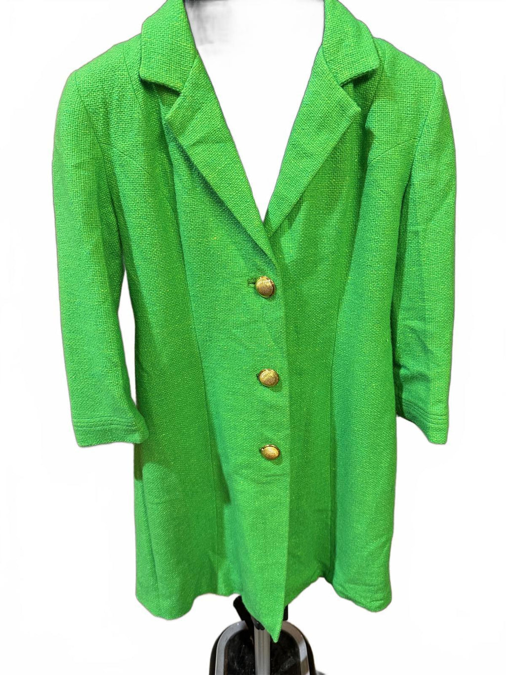 Vintage 1960s Kelly Green Wool-Blend Coat w/ Gold Buttons & Polka Dot Lining