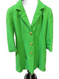 Vintage 1960s Kelly Green Wool-Blend Coat w/ Gold Buttons & Polka Dot Lining