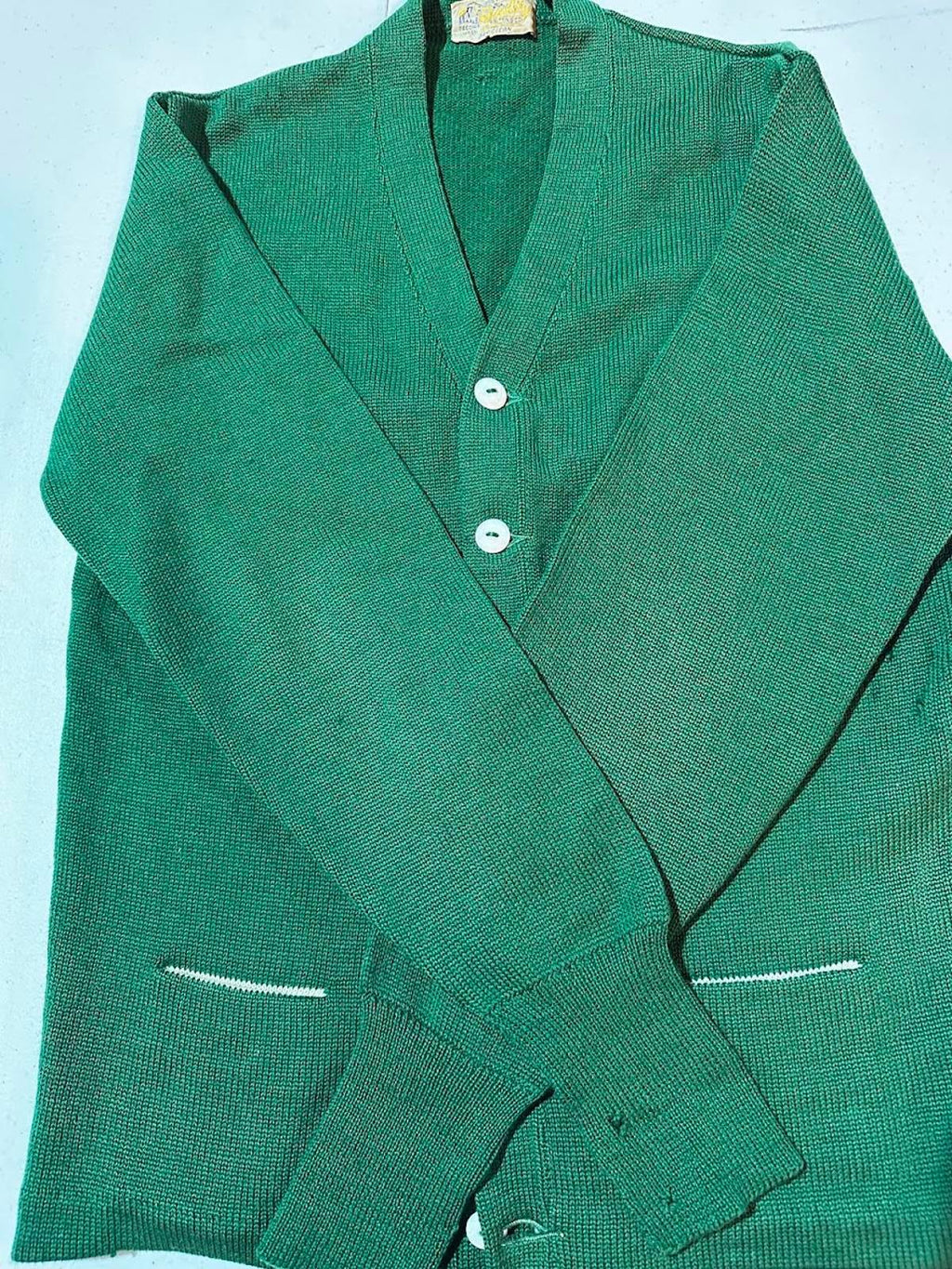 Vintage Green Wool Sweater w Moth Wear Distressed