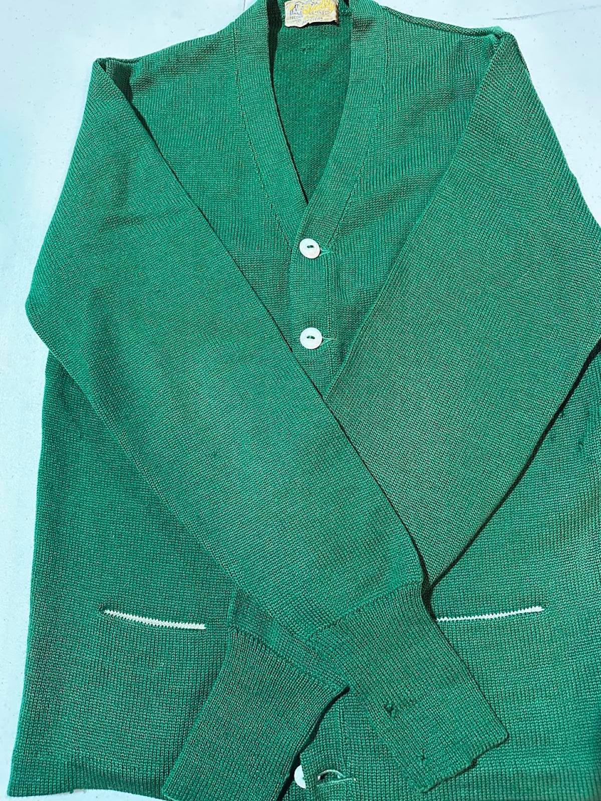 Vintage Green Wool Sweater w Moth Wear Distressed