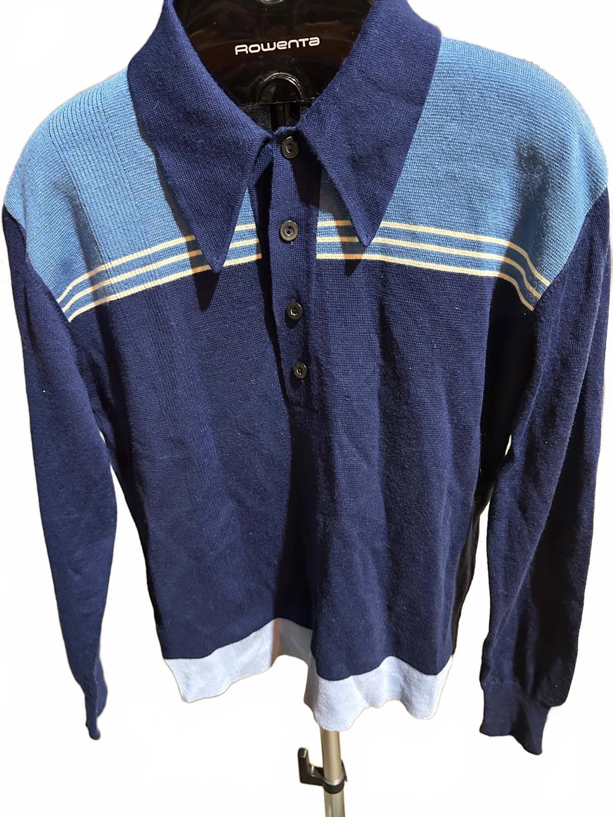 Vintage Italian Knit Polo Sweater Navy Stripe L