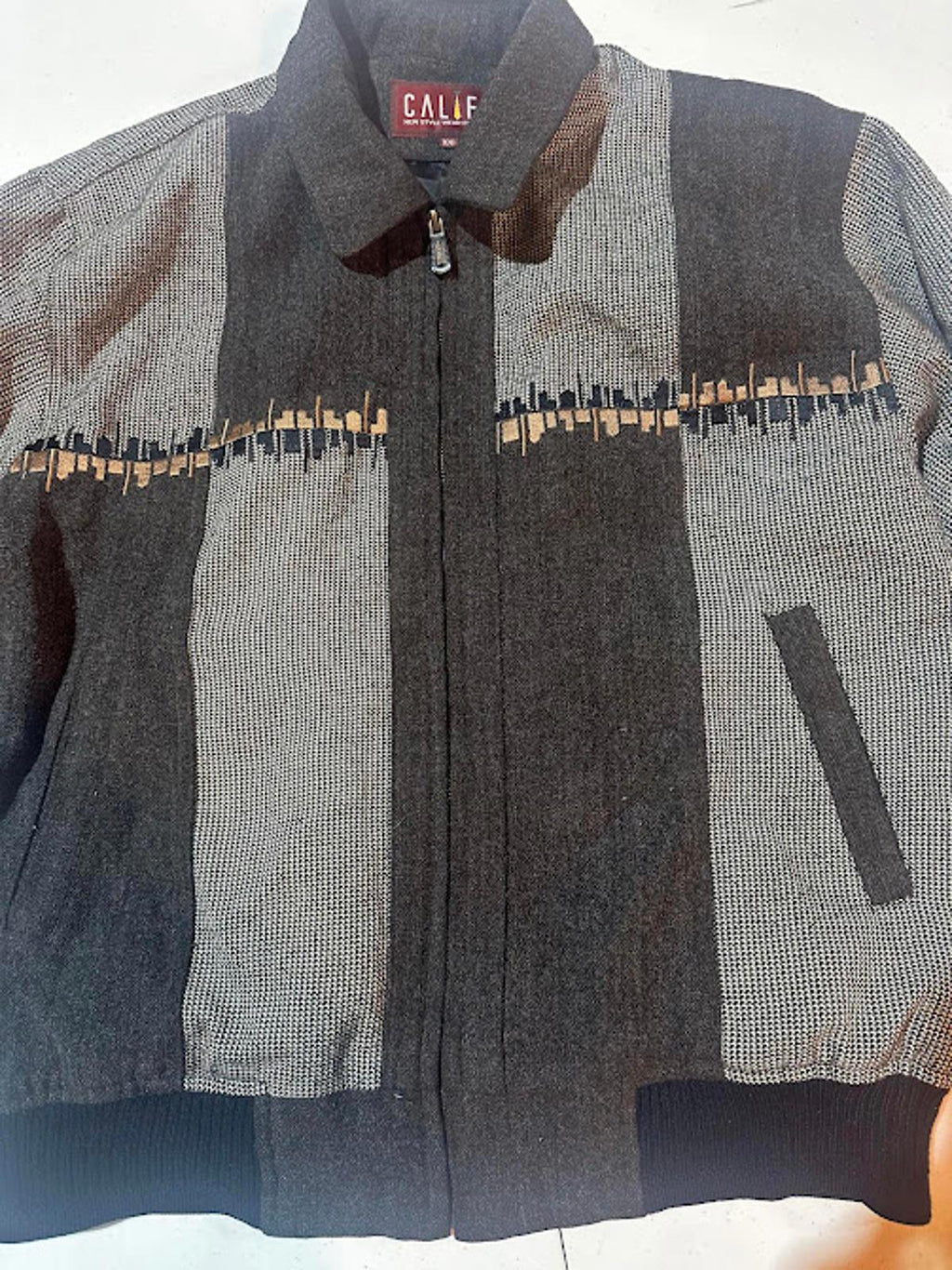 Vintage Califf Gray Black Patterned Knit Bomber Jacket