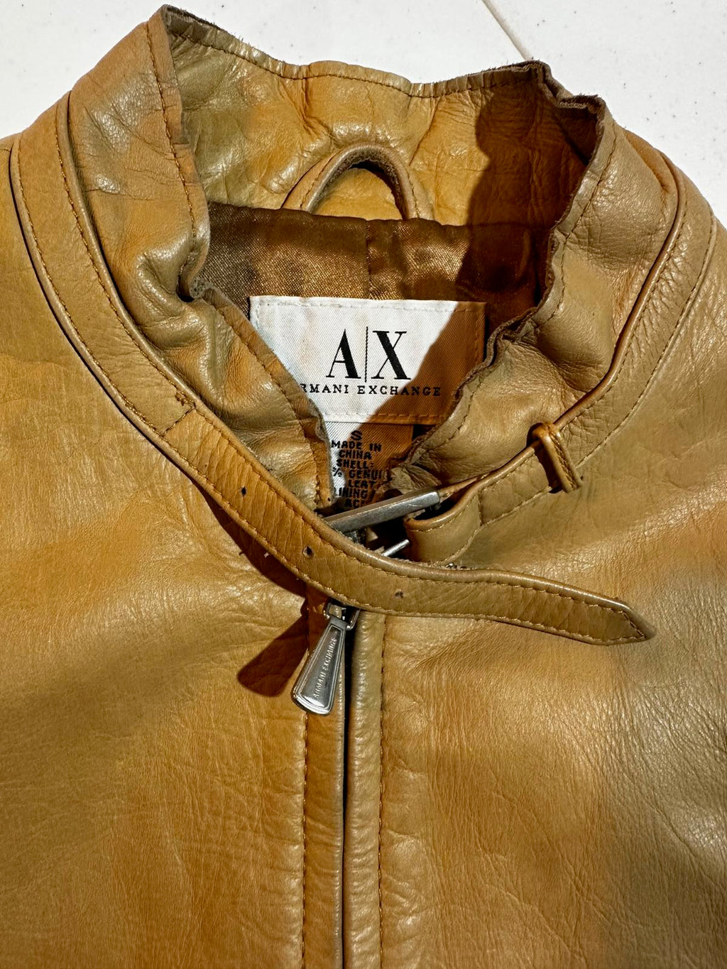 Armani Exchange Genuine Leather Jacket Tan S Zip Moto