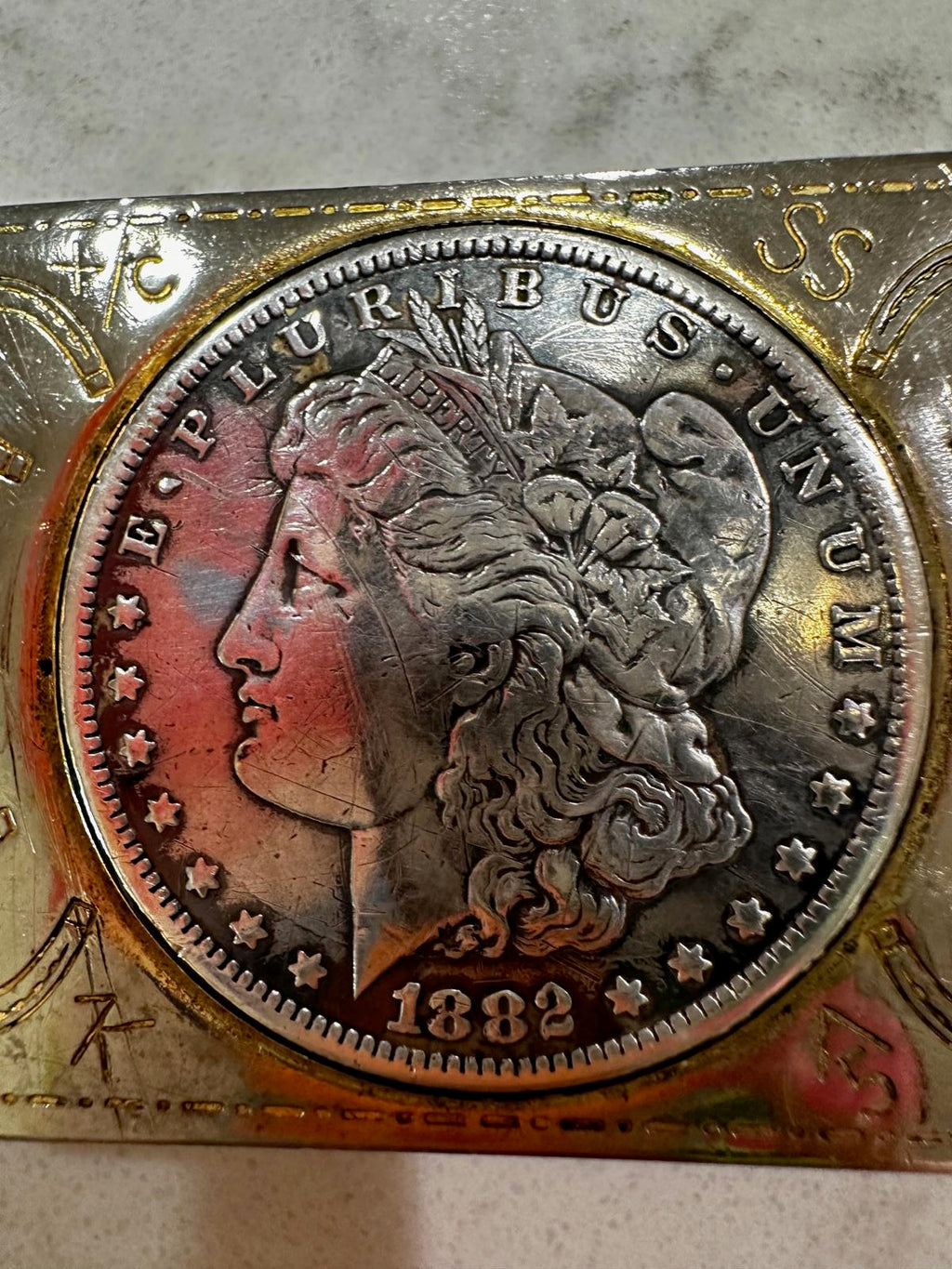 Vintage 1882 Morgan Silver Dollar Buckle Western Horseshoe Lucky Star Design