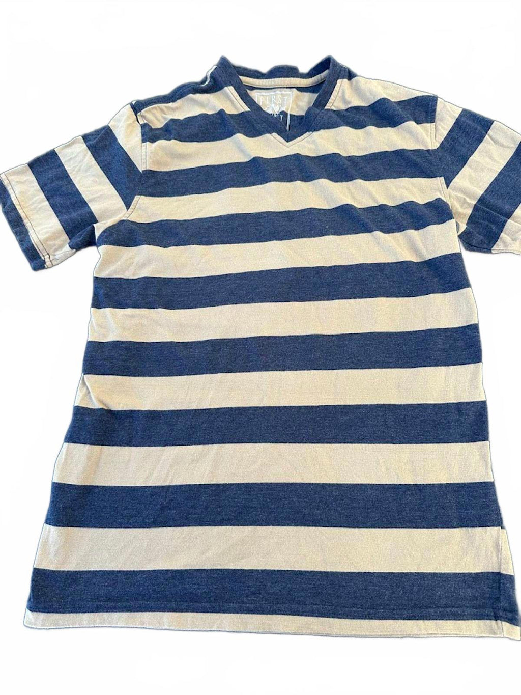 Tan and navy knit striped shirt First Draft Large