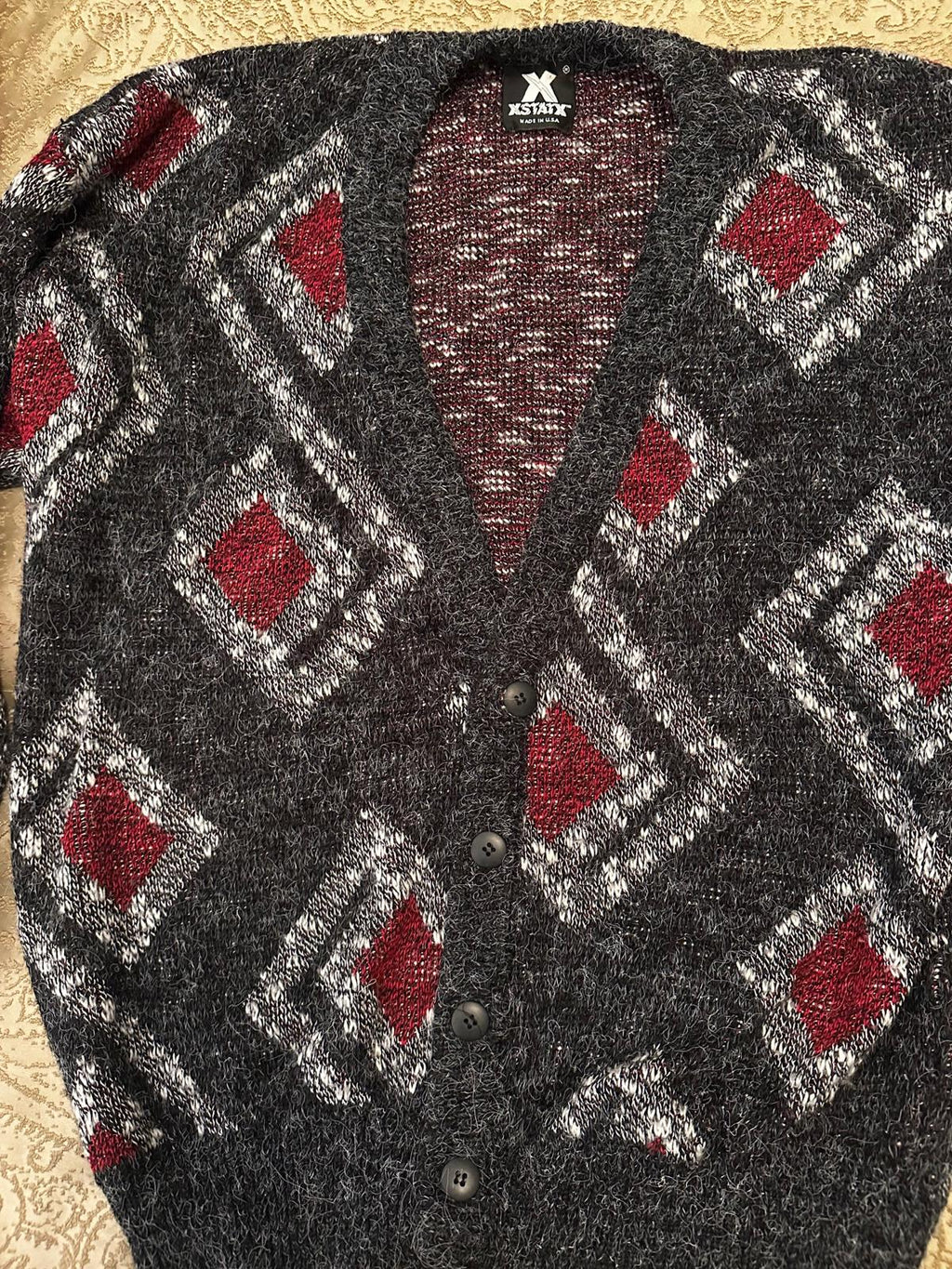Vintage XSTATX USA Black Geo Knit Cardigan XXL