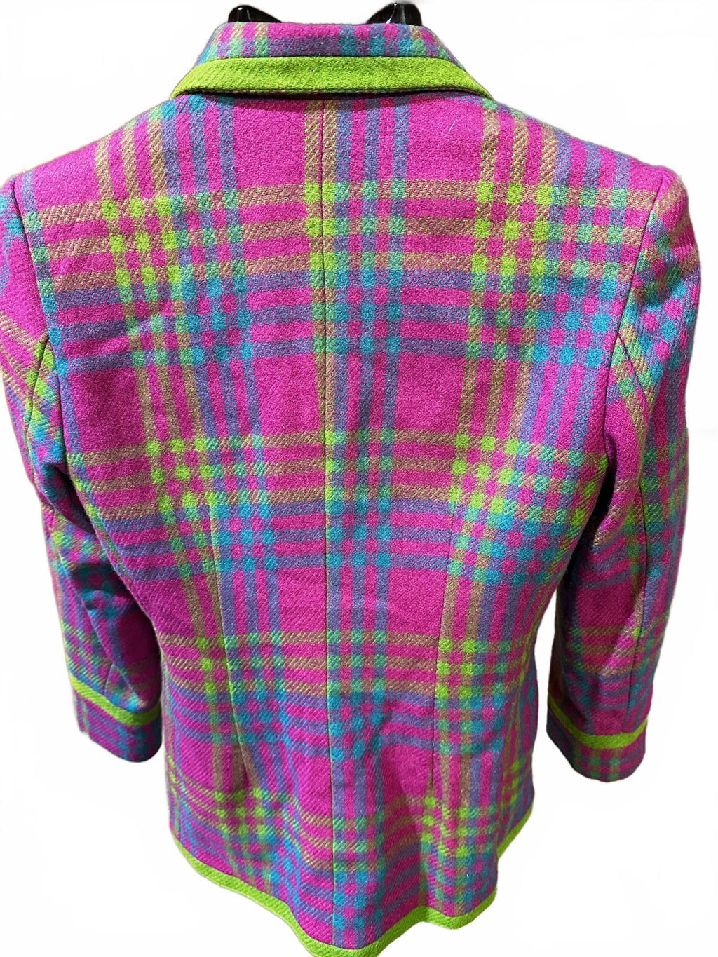 Vintage 80s U-Three Double-Breasted Wool Coat Pink Plaid Green Trim Jacket M