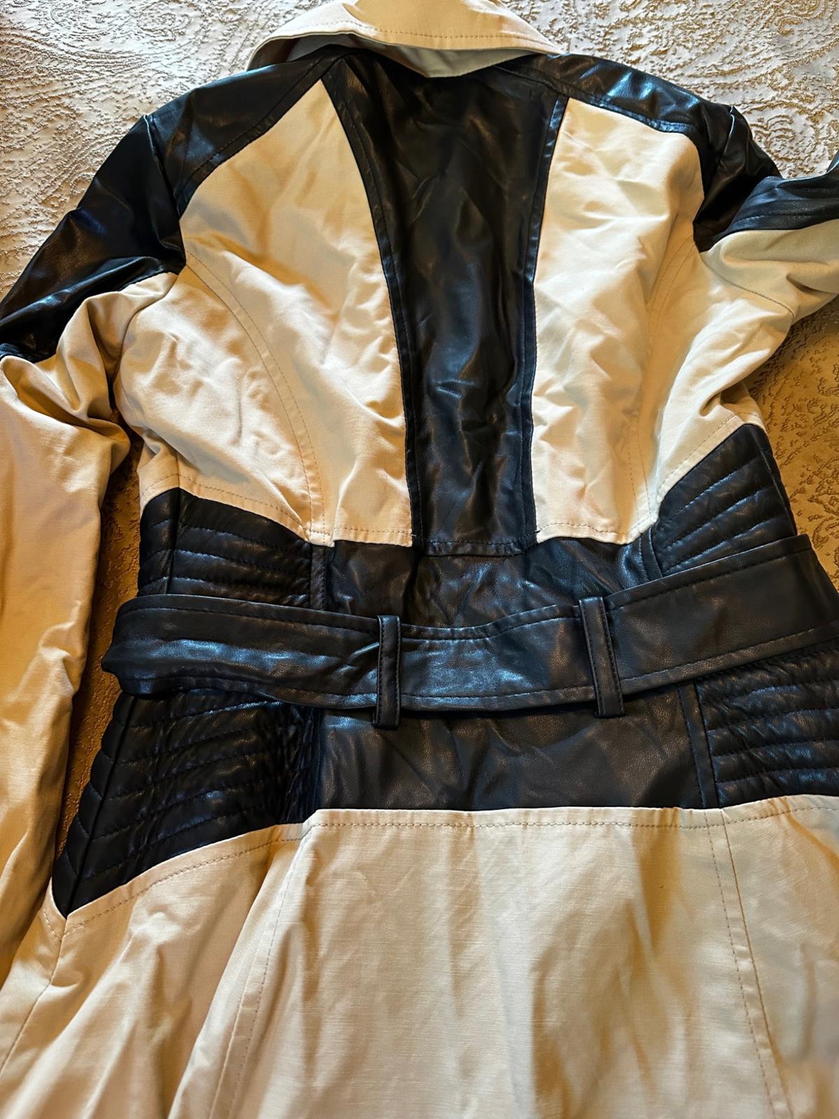 bebe XS tan moto trench coat faux leather belt zip