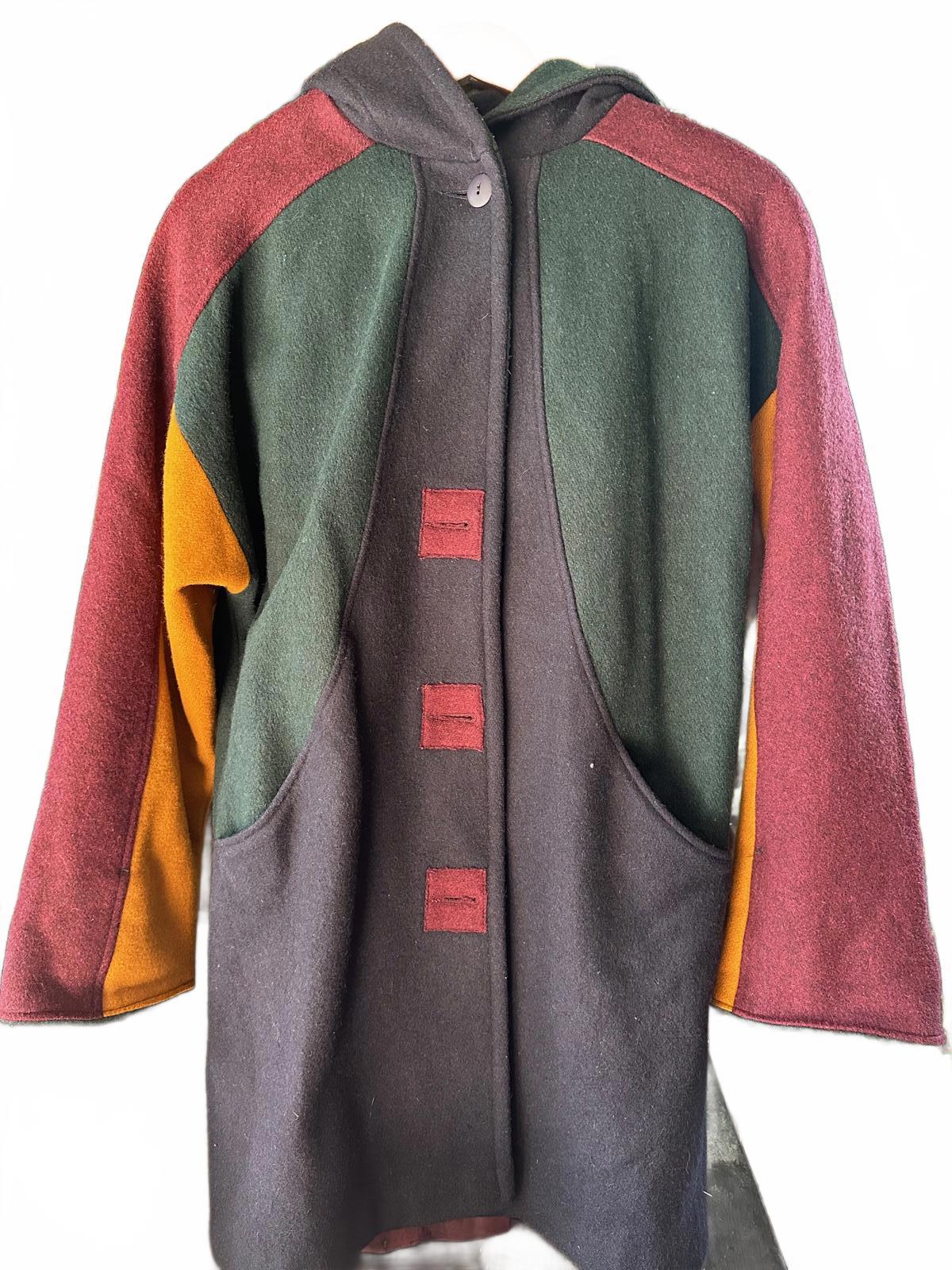 Vintage Braetan USA Made Colorblock Wool Coat Hooded 80s 90s Oversized M