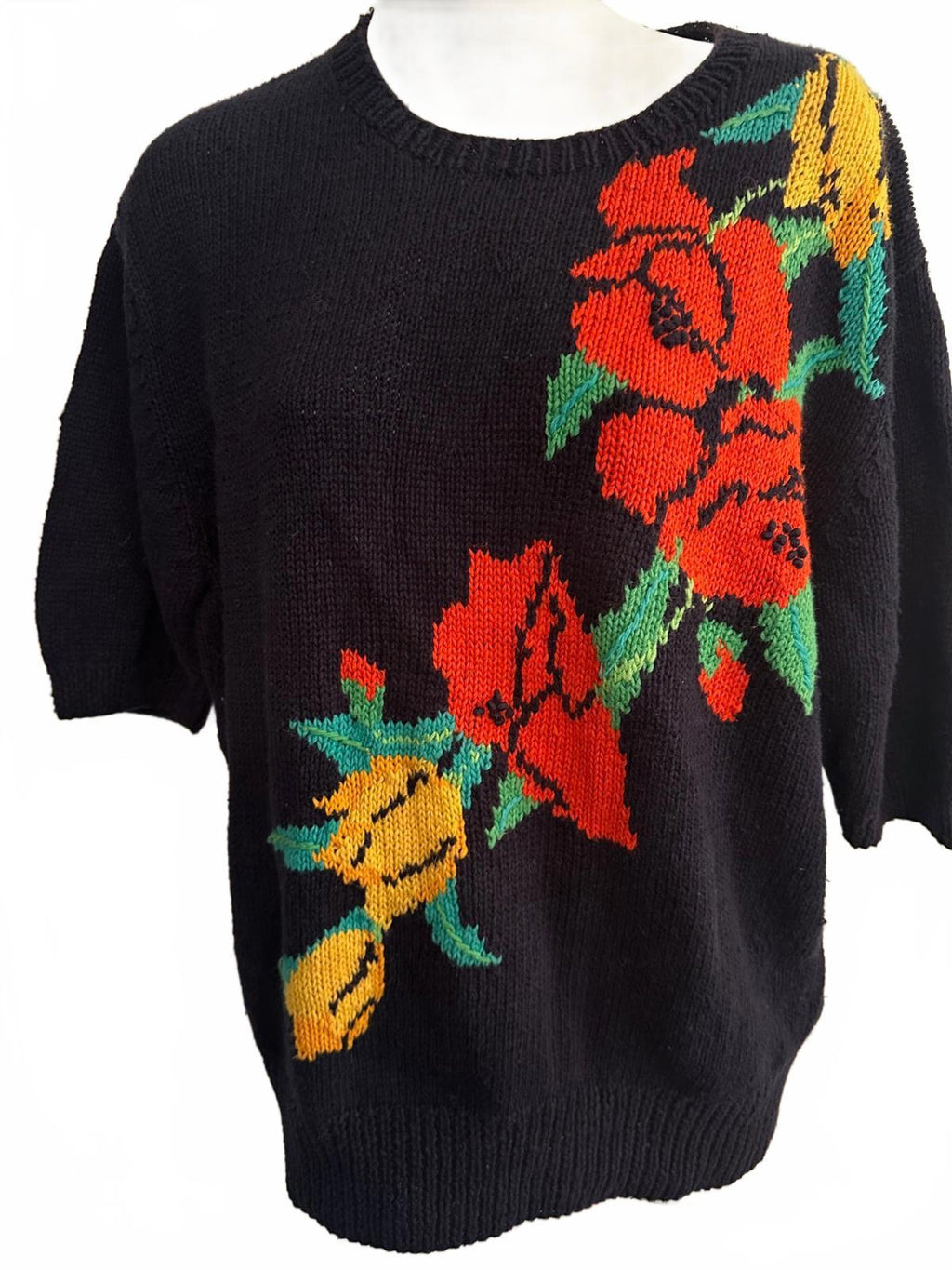 Hand-Knit Floral Cotton Sweater Black Red Yellow XL