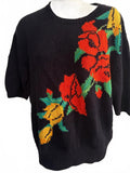 Hand-Knit Floral Cotton Sweater Black Red Yellow XL
