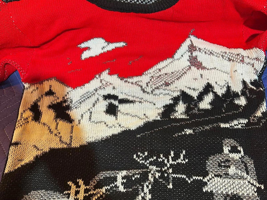 Vintage 80s Ski Intarsia Graphic Sweater Black Red Small