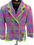 Vintage 80s U-Three Double-Breasted Wool Coat Pink Plaid Green Trim Jacket M