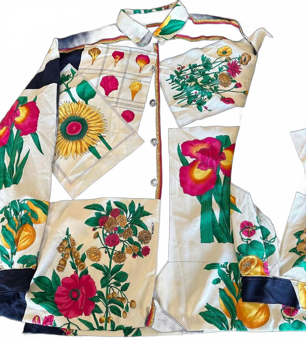 Vintage Botanical Print Silk Blouse Jacket