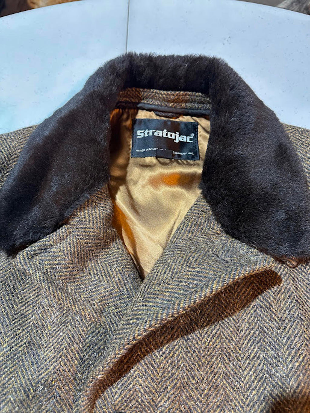 Stratjac Tweed Shearling Lined Coat Faux Fur Collar 44