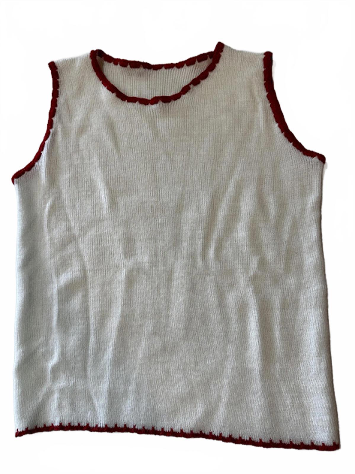 Vintage Cream Knit Sleeveless Top Red Trim