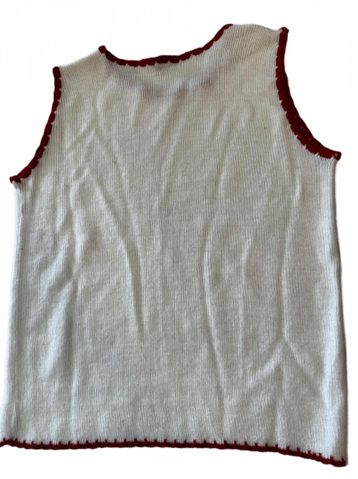 Vintage Cream Knit Sleeveless Top Red Trim