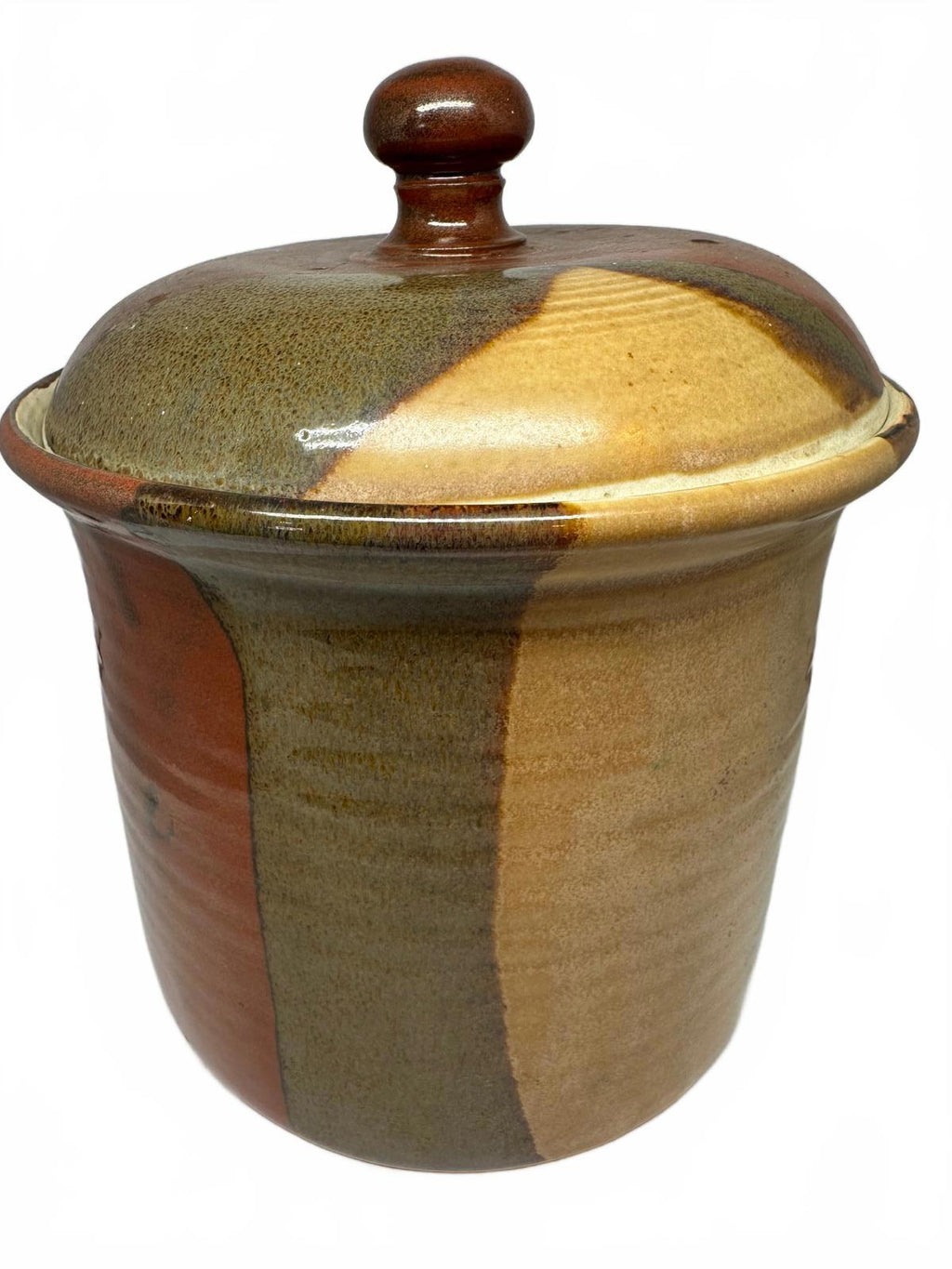 Large Studio Pottery Crock with Lid Multicolor Glaze Jar Handmade Ca Potteryy