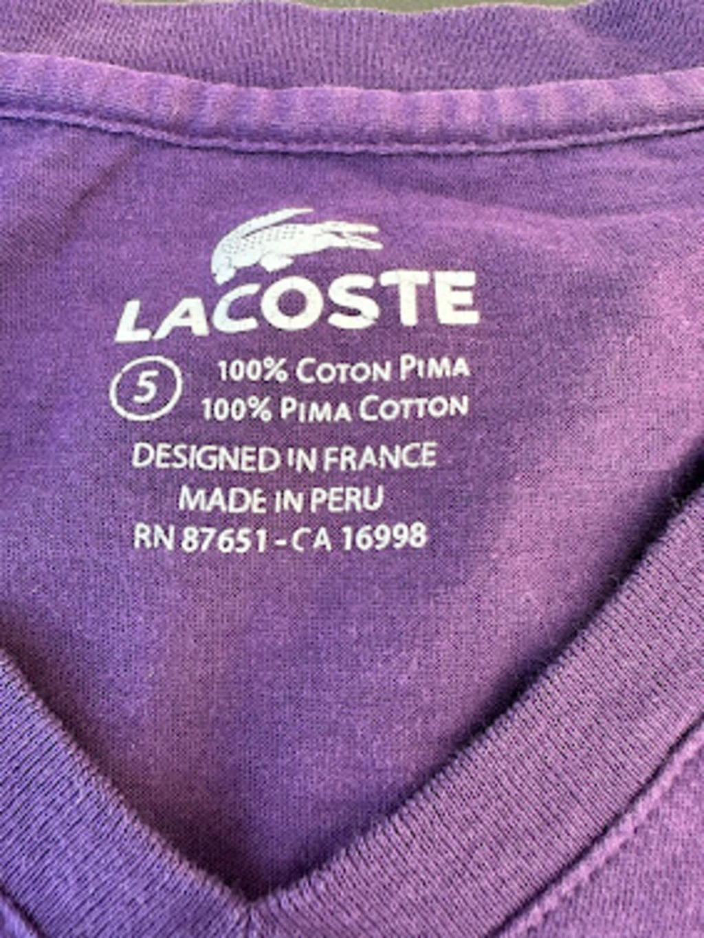 Lacoste Purple Pima Cotton V-Neck Tee Large