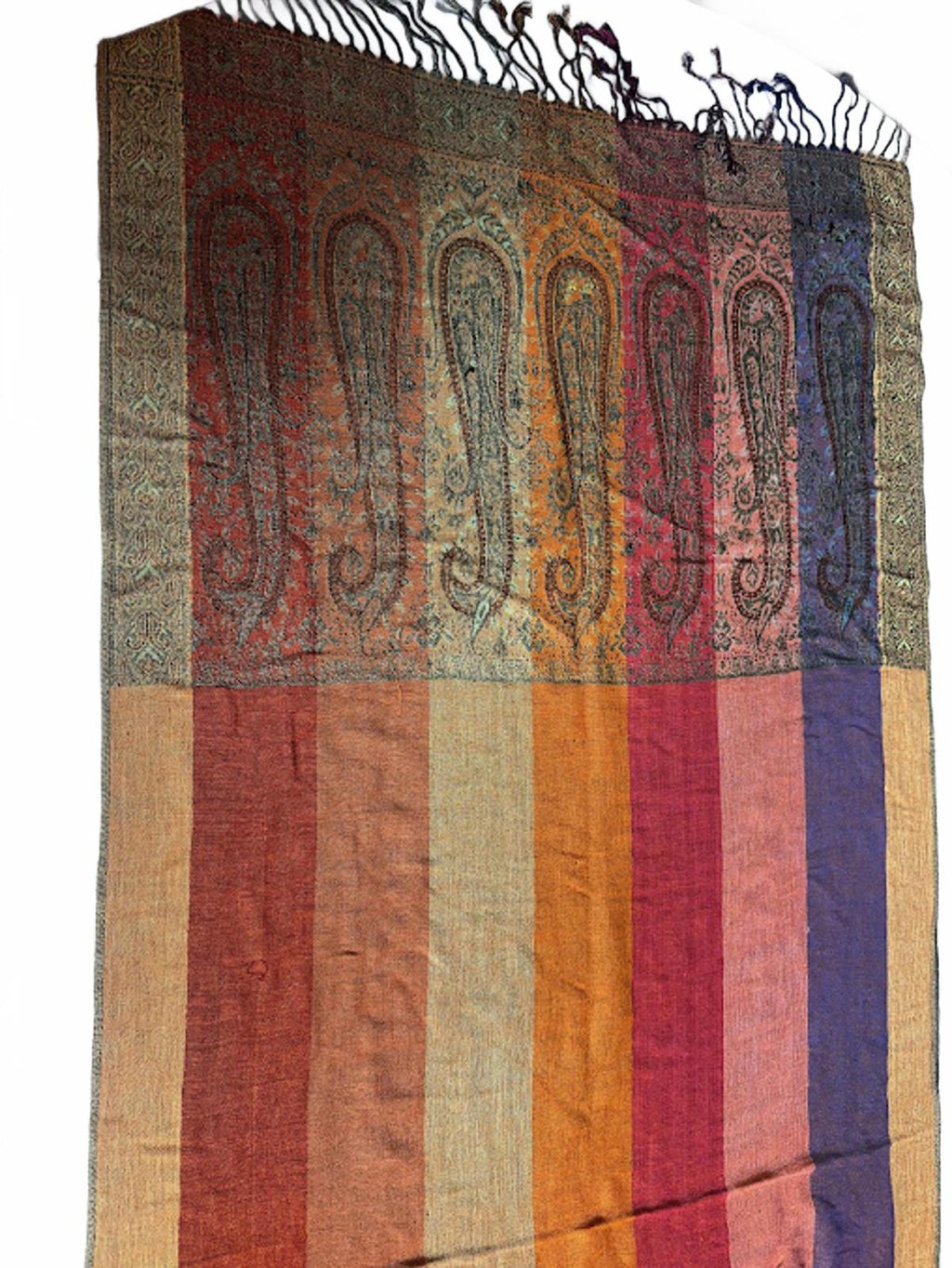 Vintage woven paisley border shawl / pashmina-style throw