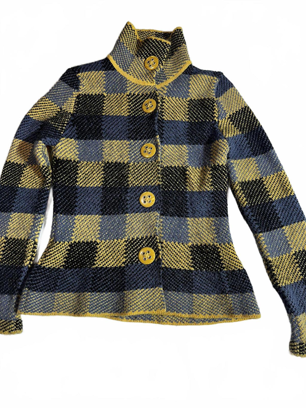 Hand Knit Plaid Wool Jacket Yellow Black Women Small